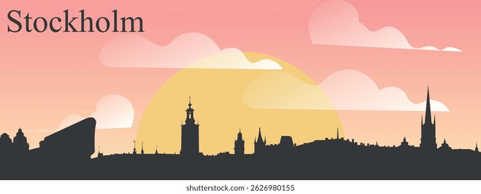 The skyline of the city of Stockholm, Swedenon the background of the big yellow sunset on the pink sky with clouds.

