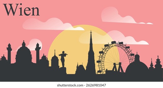 The skyline of the city of Wien, Austria on the background of the big yellow sunset on the pink sky with clouds.