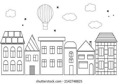 Skyline of cute black and white houses. Wallpaper for a childish room in Scandinavian style. Silhouette of a small cartoon town.Vector building, clouds, hot balloon and birds