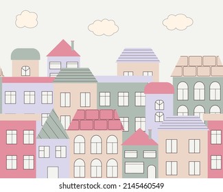 Skyline of cute pastel houses. Wallpaper for a childish room in Scandinavian style. Small cartoon town. Vector murals. City wall sticker.