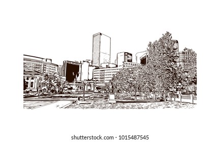 Skyline in Denver, City in Colorado. Hand drawn sketch illustration in vector.