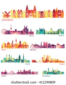 Skyline detailed silhouette set (Amsterdam, Vienna, Prague, Berlin, Brussels, Zurich, Warsaw, Dublin, Stockholm ). Vector illustration