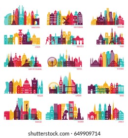 Skyline detailed silhouette set (Barcelona, Madrid, Rome, London, Vienna, Prague, Brussels, Istanbul, Lisbon, Moscow, Warsaw, Amsterdam, Zurich). Travel and tourism background. Vector illustration