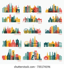 Skyline detailed silhouette set (Barcelona, Madrid, Rome, London, Vienna, Prague, Brussels, Istanbul, Lisbon, Moscow, Warsaw, Amsterdam, Zurich). Travel and tourism background. Vector illustration