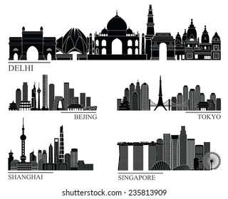 Skyline detailed silhouette set (Delhi, Beijing, Tokyo, shanghai, Singapore). Vector illustration