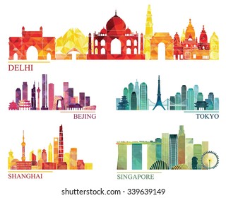 Skyline detailed silhouette set (Delhi, Beijing, Tokyo, shanghai, Singapore). Vector illustration