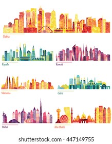 Skyline detailed silhouette set (Doha, Riyadh, Kuwait, Manama, Cairo, Dubai). Vector illustration