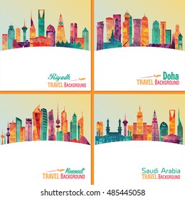 Skyline detailed silhouette set (Doha, Riyadh, Kuwait, Saudi Arabia). Travel and tourism background. Vector illustration