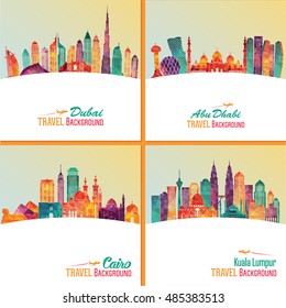 Skyline detailed silhouette set (Dubai, Cairo, Abu Dhabi, Kuala Lumpur). Travel and tourism background. Vector illustration