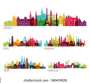 Skyline detailed silhouette set (France, Italy, Germany, Spain, Portugal). Vector illustration svg