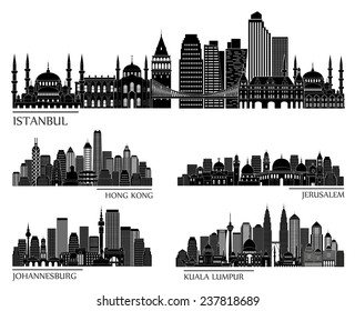  skyline detailed silhouette set (Istanbul, Hong Kong, Jerusalem, Kuala Lumpur, Johannesburg). Vector illustration