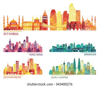 conjunto de siluetas detalladas en el horizonte (Estambul, Hong Kong, Kuala Lumpur, Jerusalén, Johannesburgo). Ilustración del vector