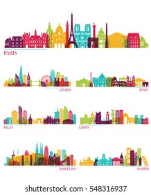 Skyline detailed silhouette set (Paris, London, Rome, Milan, Lisbon, Barcelona, Madrid ). Vector illustration