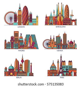 Skyline detailed silhouette set (Paris, London,  Barcelona, Madrid, Vienna, Berlin ). Vector illustration