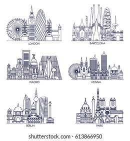 Skyline detailed silhouette set (Paris, London, Barcelona, Madrid, Vienna, Berlin ). Vector illustration