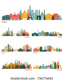 Skyline detailed silhouette set (Paris, London, Rome, Milan, Lisbon, Barcelona, Madrid ). Vector illustration