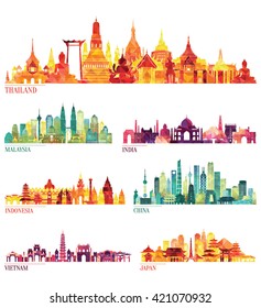 Skyline detailed silhouette set (Thailand, Malaysia, India, Indonesia, China, Vietnam, Japan  ). Vector illustration