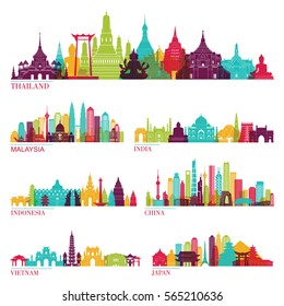 Skyline detailed silhouette set (Thailand, Malaysia, India, Indonesia, China, Vietnam, Japan ). Vector illustration