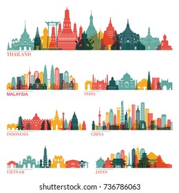 Skyline detailed silhouette set (Thailand, Malaysia, India, Indonesia, China, Vietnam, Japan ). Vector illustration