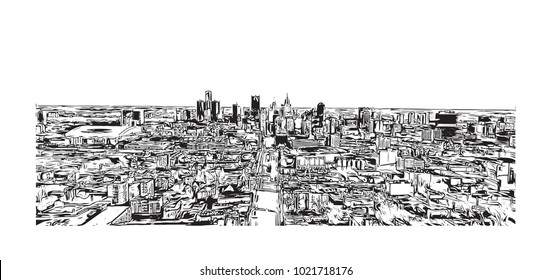 Skyline of Detroit City, Michigan, USA. Hand drawn sketch illustration in vector.