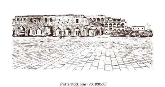 Skyline Doha City, Qatar. Hand drawn sketch in vector illustration.