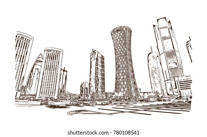 Skyline Doha City, Qatar. Hand drawn sketch in vector illustration.