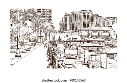 Skyline Doha City, Qatar. Hand drawn sketch in vector illustration.