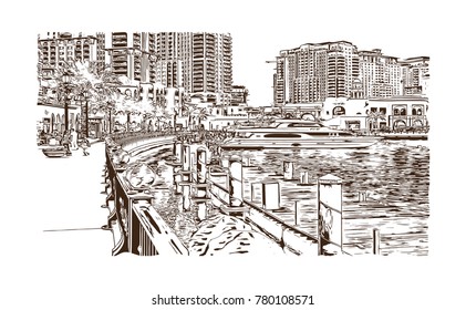 Skyline Doha City, Qatar. Hand drawn sketch in vector illustration.