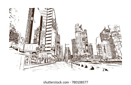 Skyline Doha City, Qatar. Hand drawn sketch in vector illustration.