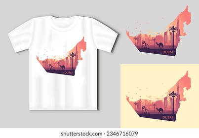 Skyline of Dubai with camel in the form of a map of the UAE. Travel concept with t-shirt mockup