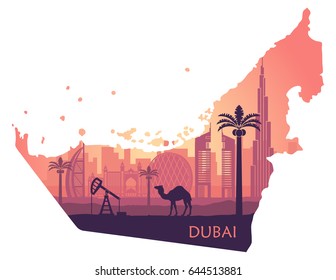 Skyline of Dubai with camel in the form of a map of the UAE