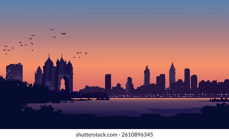 Mumbai’s skyline at dusk comes alive with vibrant lights, casting a golden glow over the bustling city. 