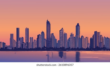 Mumbai’s skyline at dusk comes alive with vibrant lights, casting a golden glow over the bustling city. 