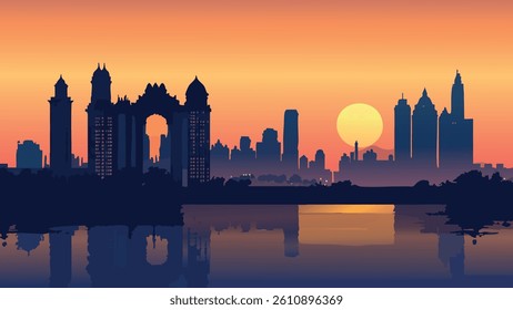 Mumbai’s skyline at dusk comes alive with vibrant lights, casting a golden glow over the bustling city. 