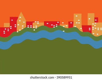 Skyline at dusk on river