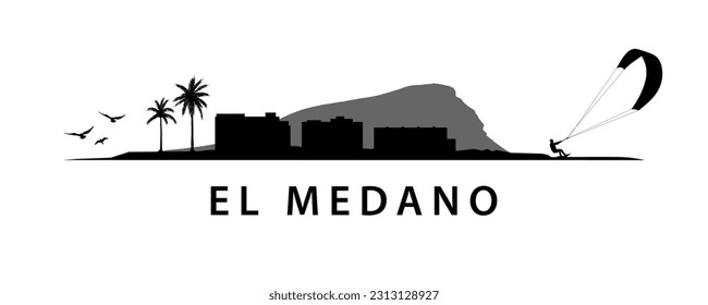 Skyline of El Medano. Landscape of city in Tenerife island. Spanish town graphic design.