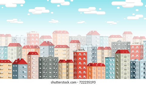 Skyline of the European city with colored retro houses, blue sky and clouds. Morning urban panorama in flat style.