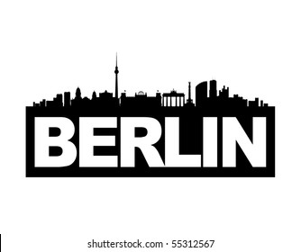 The skyline of Germany's capital Berlin with the city's name on it's base. This vector-illustration is black and white and isolated.