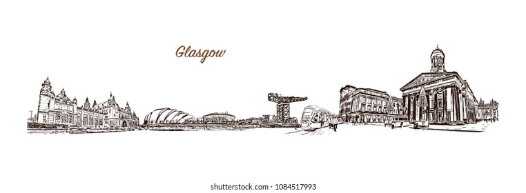 Skyline of Glasgow, City in Scotland. Hand drawn sketch illustration in vector.