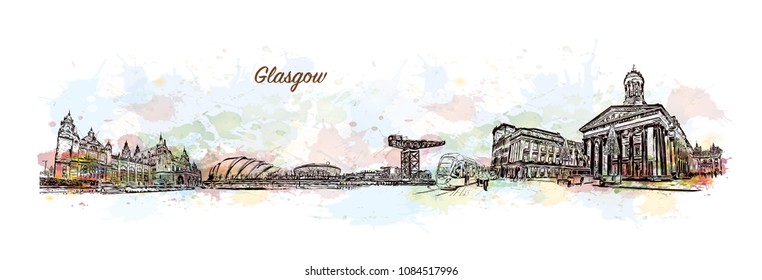 Skyline of Glasgow, City in Scotland. Watercolor splash with Hand drawn sketch illustration in vector.