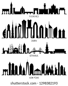 Skyline with Historic Architecture. Florence, Dubai, New York and Istanbul silhouettes, vector illustration