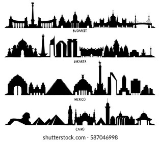 Skyline with Historic Architecture, line vector illustration. Mexico, Budapest, Jakarta and Cairo 