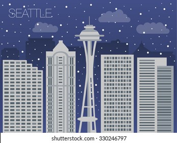 Skyline holidays in Seattle city. Seattle landmark in holiday. Holiday banner of Seattle city. Vector snow falling in street Seattle skyline. Holidays in Seattle landmark. Seattle city in Christmas 