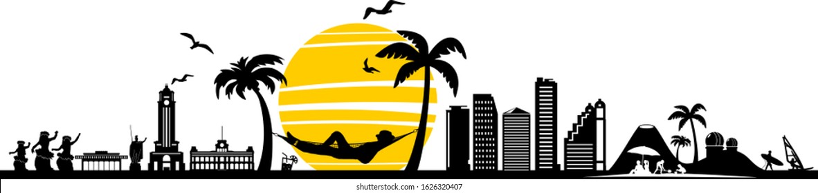 Skyline Honolulu Hawaii Silhouette Vector Outline