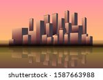 Skyline horizontal banner of big city with water reflection at sunset or sunrise. Soft colors city scape vector illustration 