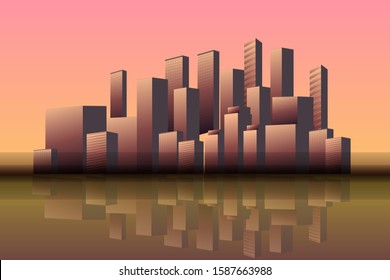 Skyline horizontal banner of big city with water reflection at sunset or sunrise. Soft colors city scape vector illustration 