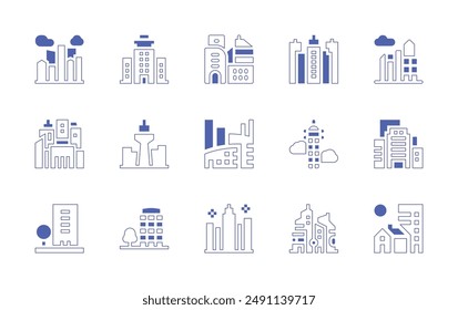 Skyline icon set. Duotone style line stroke and bold. Vector illustration. Containing city, skyline, skycraper, urbanity, building, buildings, skyscraper.