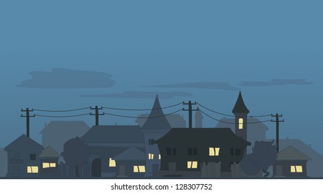 Skyline with illuminated windows at night. Vector fit for the design of caps sites and banners.