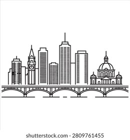 Skyline illustration featuring iconic buildings and a bridge