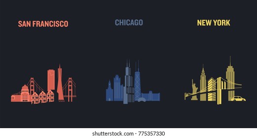 
Skyline illustration of three american cities, San Francisco, Chicago and New York. Flat vector design.